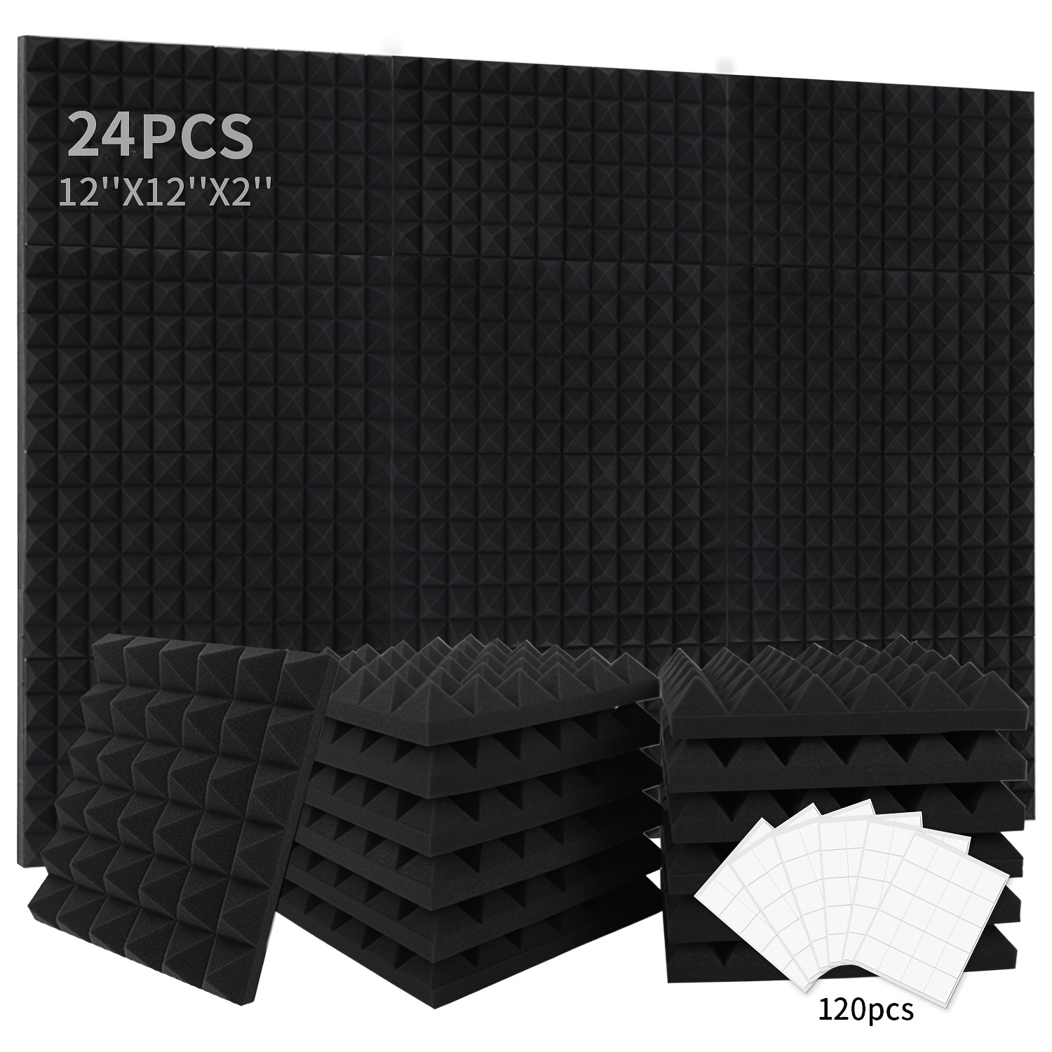 

24pcs Pyramid Acoustic Foam Panels, 2"x12"x12" - Soundproof Wall Wedges With Double-sided Adhesive For Studio,