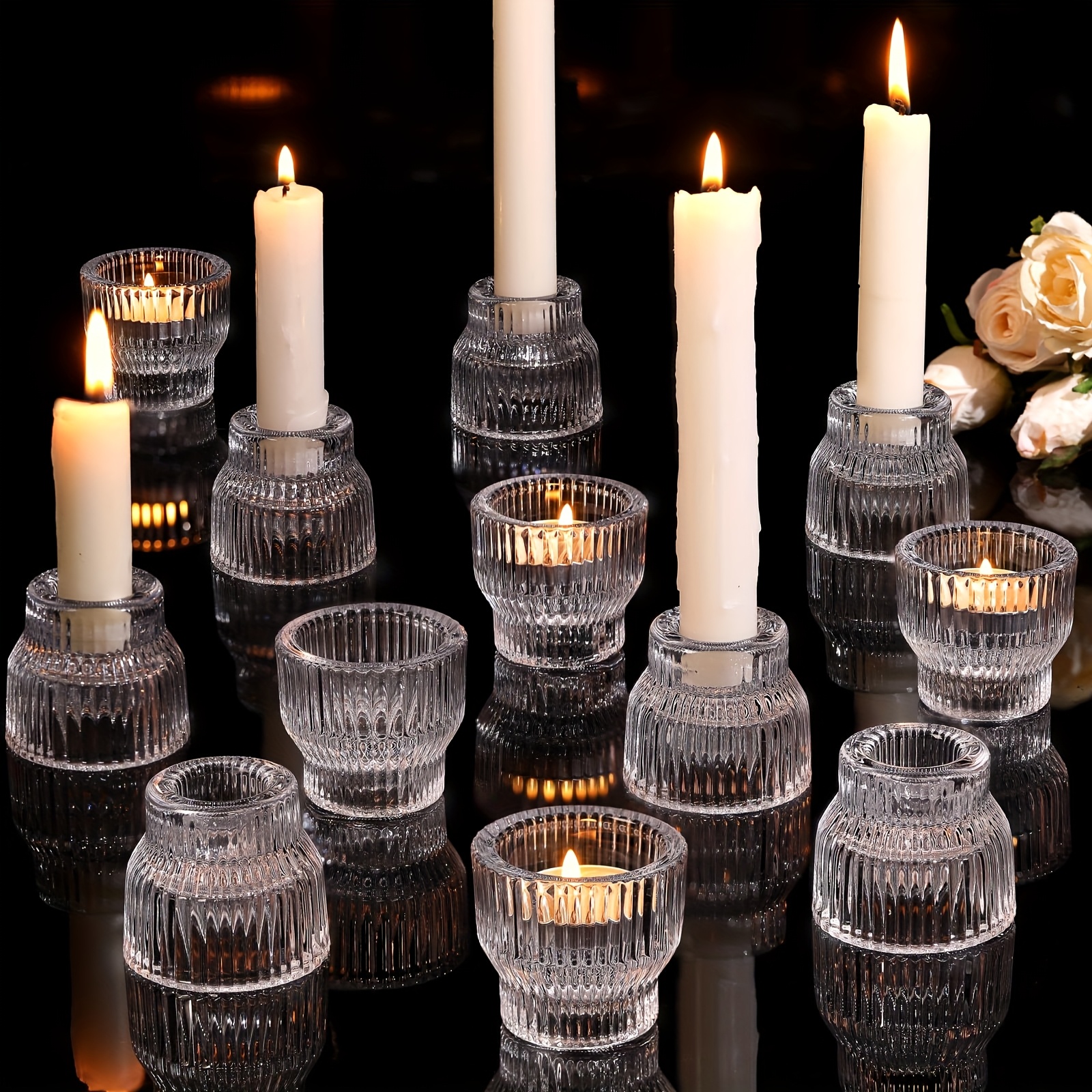 TEMU 12pcs Clear Glass Candlestick Holders Compatible For Taper, Tea Light & Votive Candles - Amber Golden With Polished, Wedding Centerpieces, Table