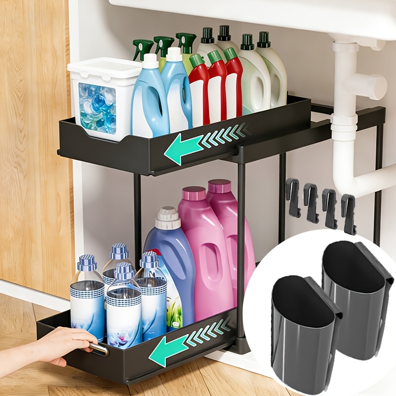 E-shop Ausziehbarer Schrank-Organizer, 2-stufiges verschiebbares Spülbeckenregal mit 4 Haken, langlebig, Aufbewahrung für Küchen- Badezimmerschrank,