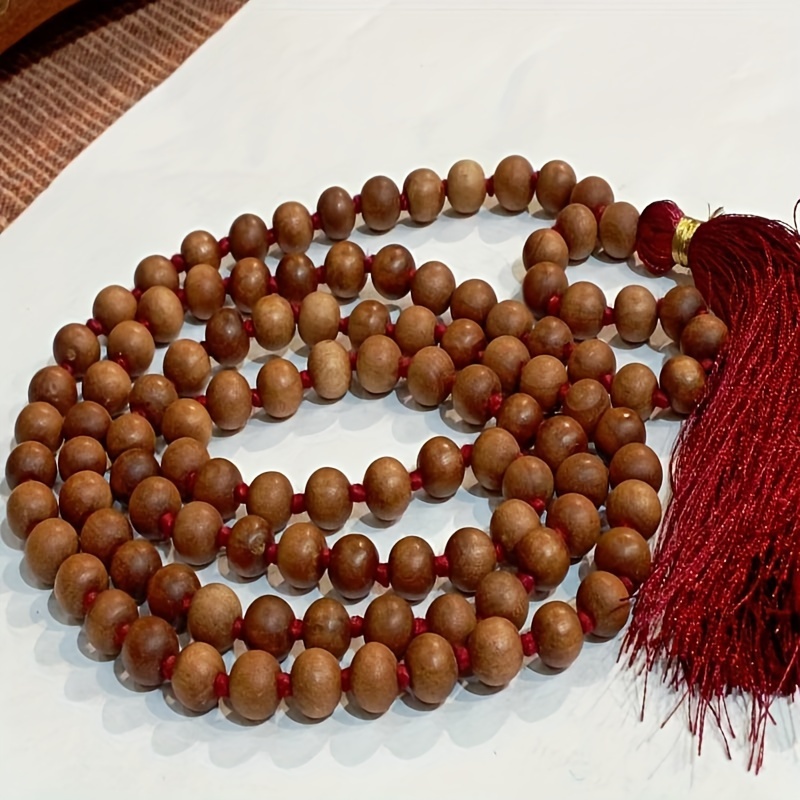 

Elegant Bohemian 108-bead Sandalwood Mala Necklace With - Handcrafted, Beads, Birthstone, , Wooden Necklace