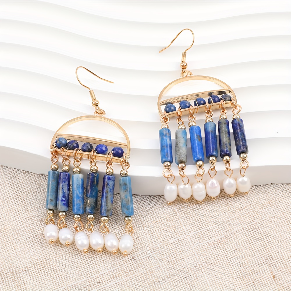 

Zybt Women's Bohemian Blue Natural Stone Freshwater Pearl Tassel Earrings