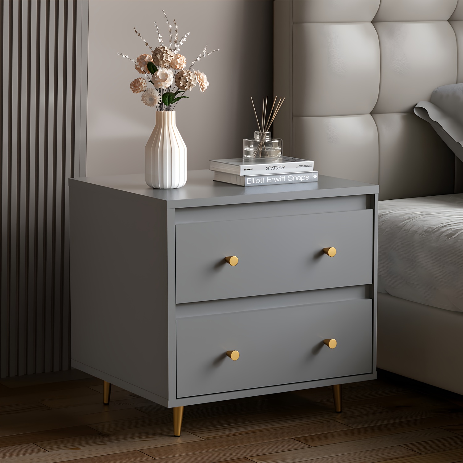 Bedside Table, White, 2 Drawers With Metal Handles And Runners, Unique Anti-deformation System, Bedroom Furniture, Grey