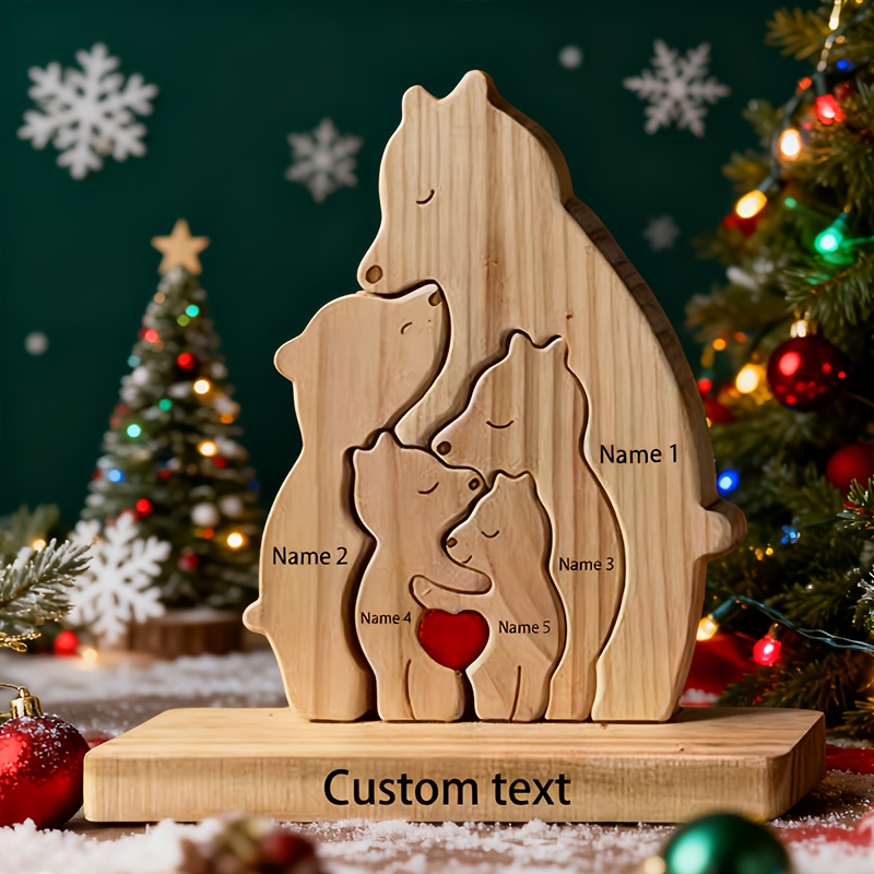 Image of Custom Wooden Bear Figurine With A Base, Engraved With Family ' Names, A Puzzle Toy For Children, Perfect As A Birthday, Christmas, Thanksgiving, Father's Day, Or Mother's Day Gift For , Family