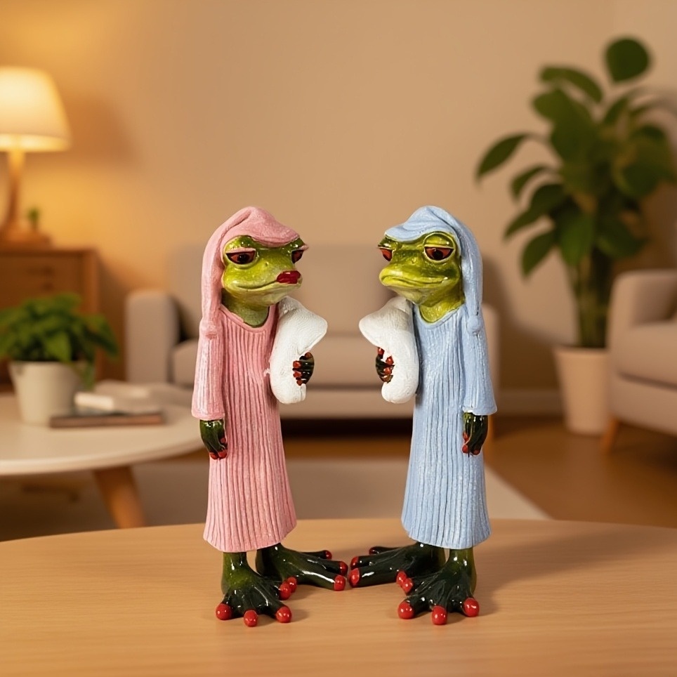 Image of Two-piece Cute Pink And Light Blue Resin Couple Frog Ornaments For Daily Tabletop Decor (living Room, Office Desk, Etc.) And Festival Decor (valentine's Day, Christmas, Etc.) Decor