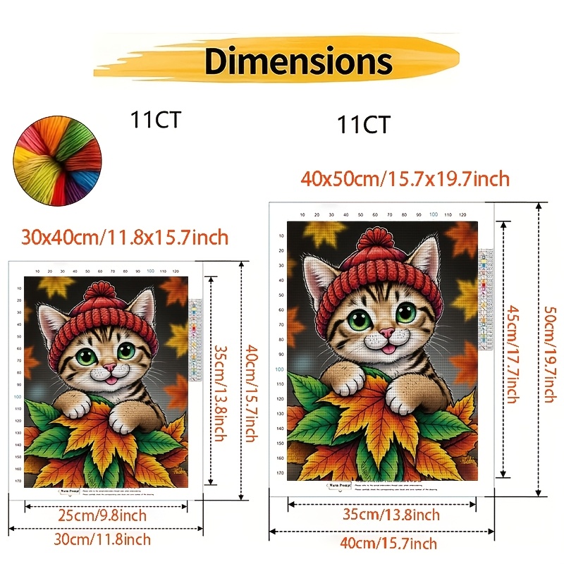 Frameless Cross-Stitch Printed Kit, Red Hat Kitten and Autumn Leaves