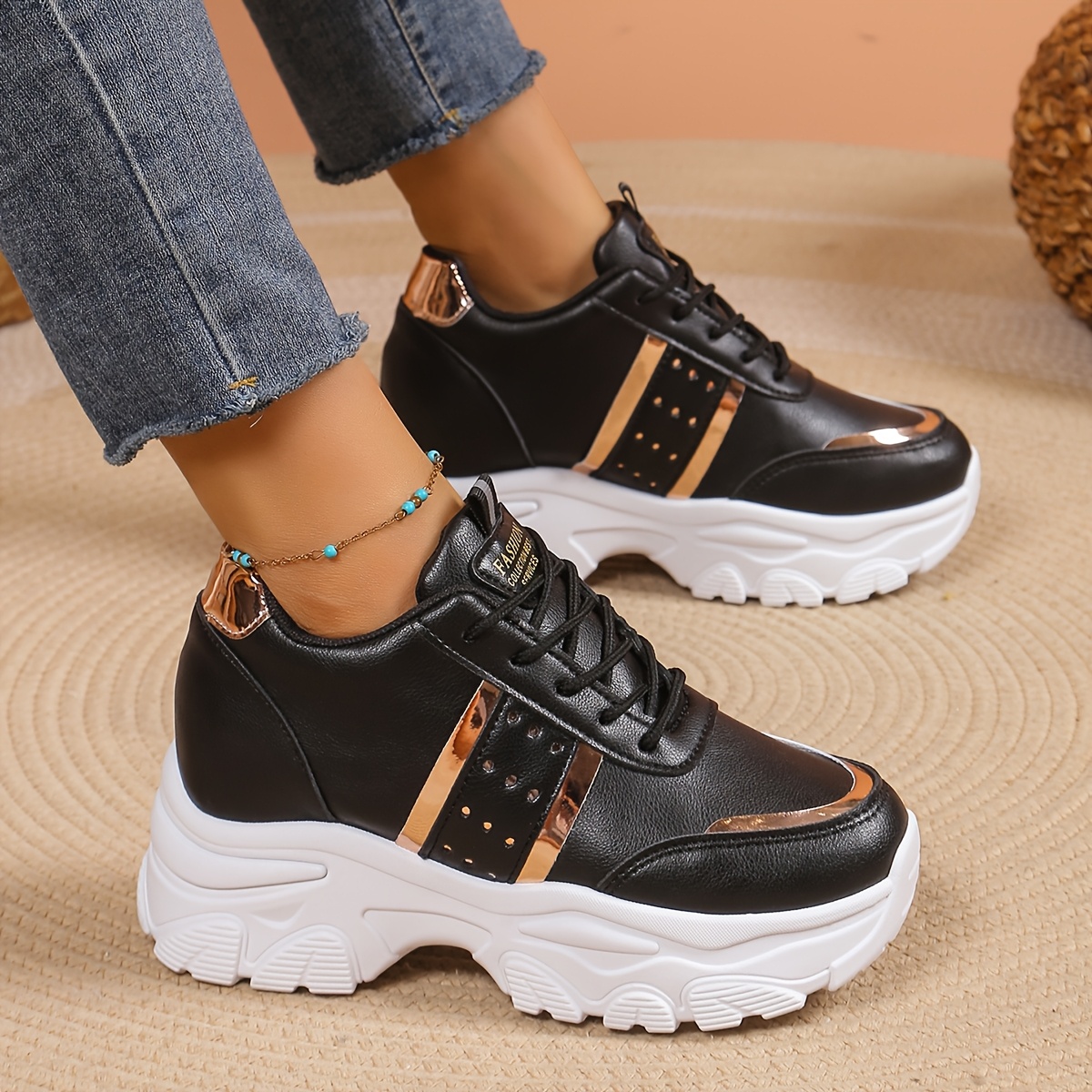 

Lightweight Design| Women's Casual Athletic Sneakers - Black & Rose Golden, Lightweight & Comfortable, Lace-up With For All