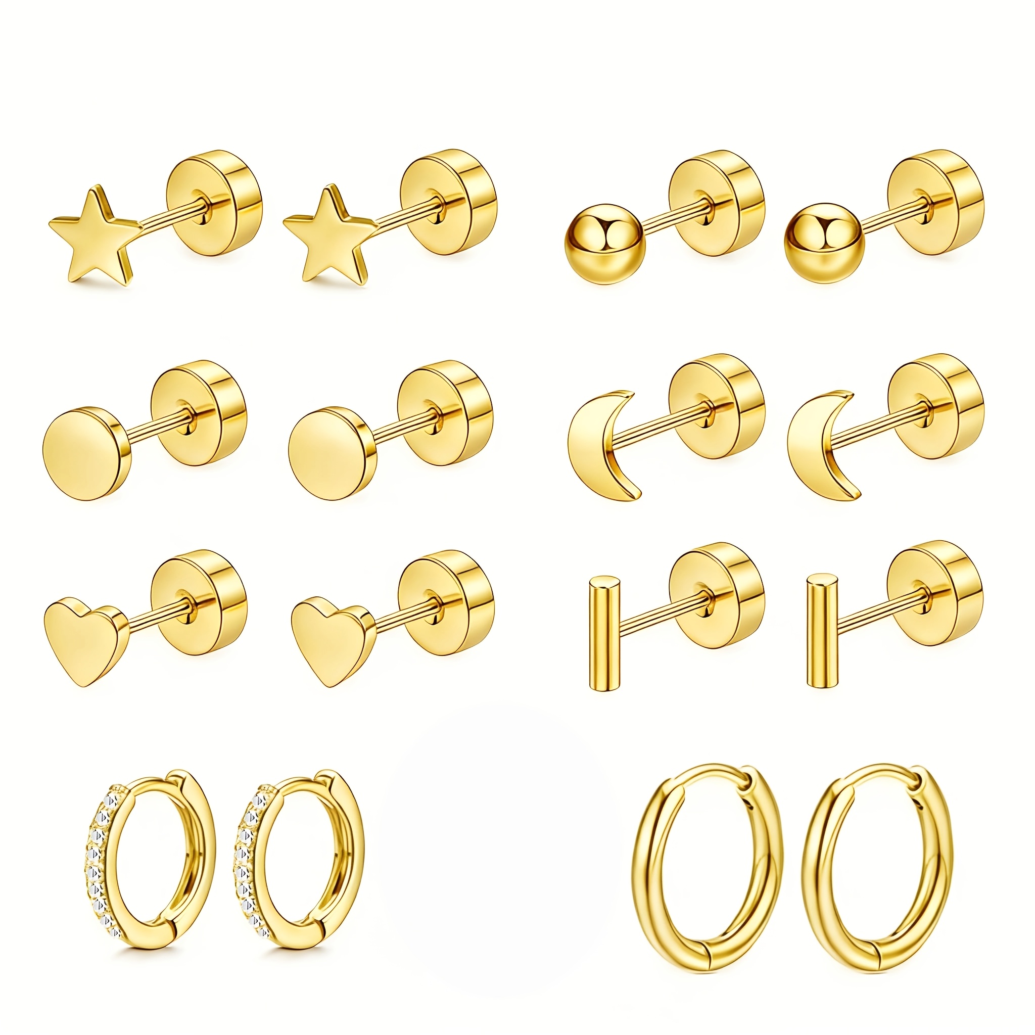 TEMU YACHY 8 Paires de Boucles d'Oreilles Clous à Dos Plat Plaqué Or 18K de Haute Qualité et Faible , Ensemble de Boucles d'Oreilles Clous Tendance
