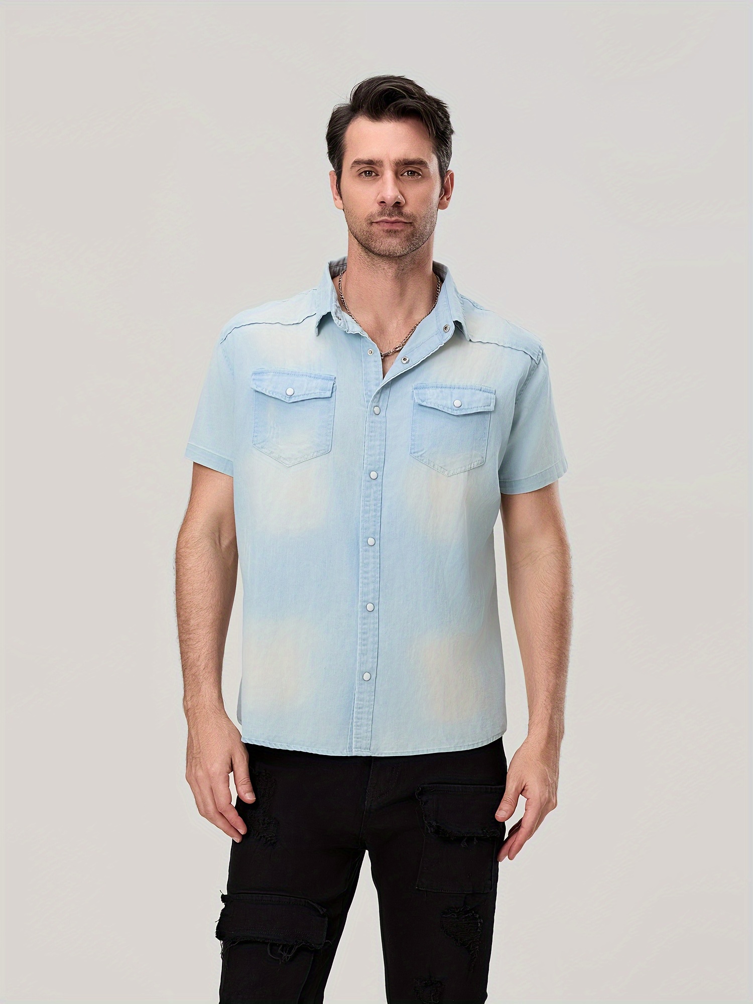 *'* Blue Denim Shirt Short Sleeve, Turn- Collar, Button Closure, Casual  Summer Top with Chest Pockets, Polyester Blend for Casual Attire, Ve