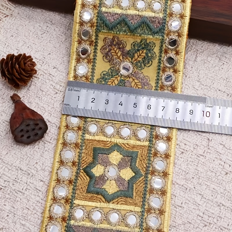 TEMU Luxury Vintage Indian-style Mirror Sequin Heavy Embroidered Ribbon, Exotic Ethnic Square Pattern Trim, Premium Decorative Band For Dress & Home