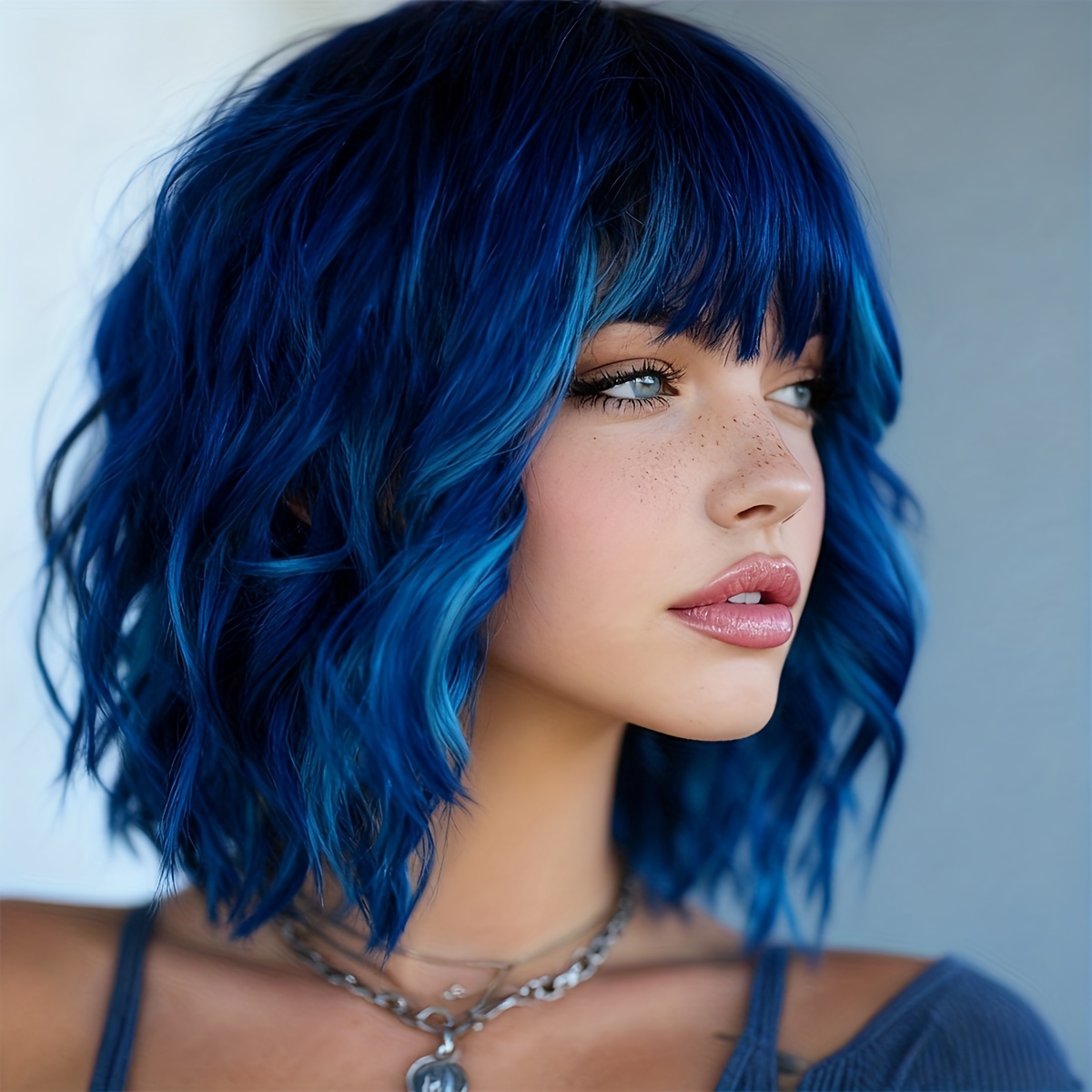 TEMU 14-inch Elegant Blue Highlights Women's Curly Wig-high-temperature-resistant Synthetic Wig Beginners-friendly, Daily Wear, Christmas Dress Up Women's Wig.