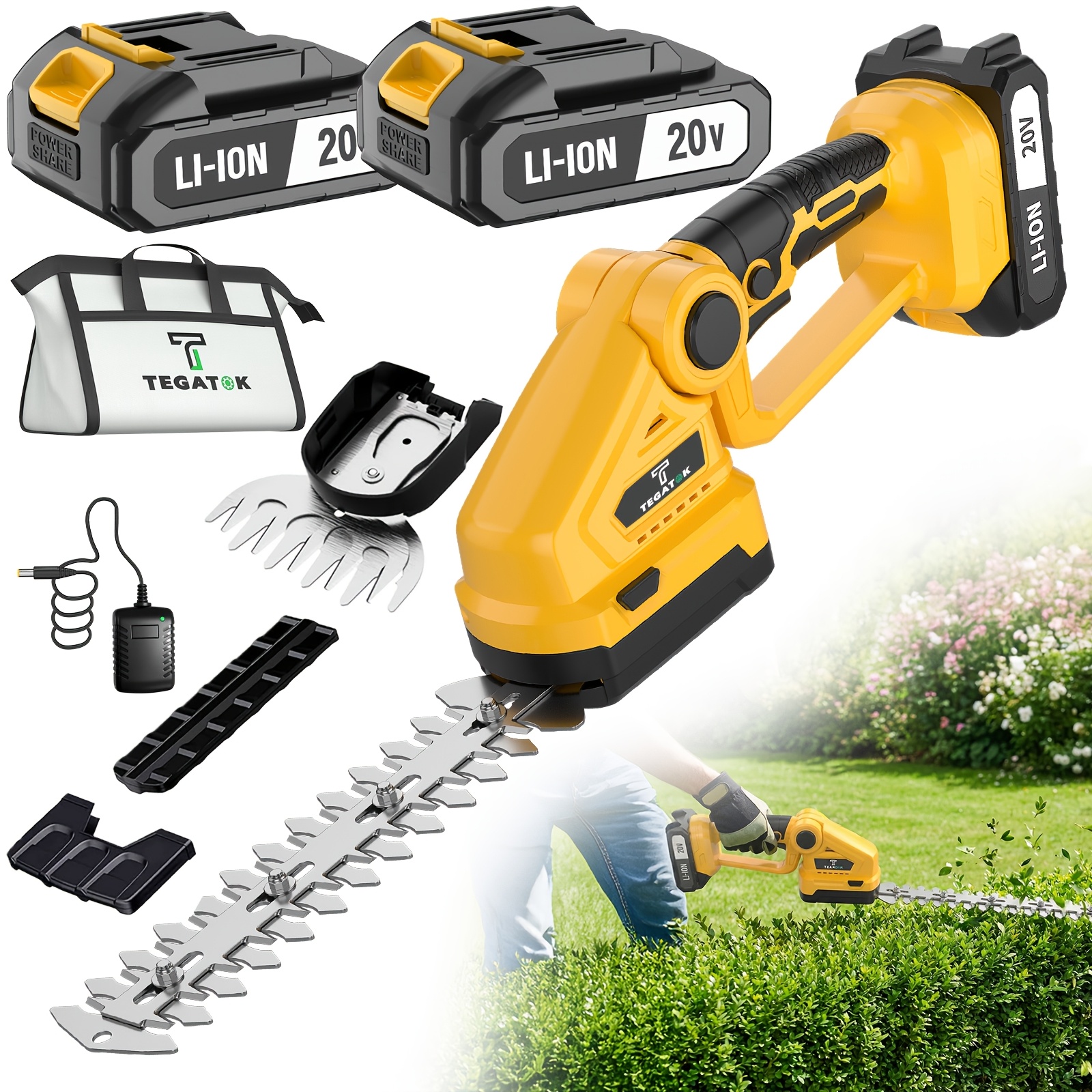 TEMU Taille-haie fil Tegatok 20V avec batterie rechargeable et chargeur rapide, légère et manuelle pour la taille précise des arbustes, le bordure de