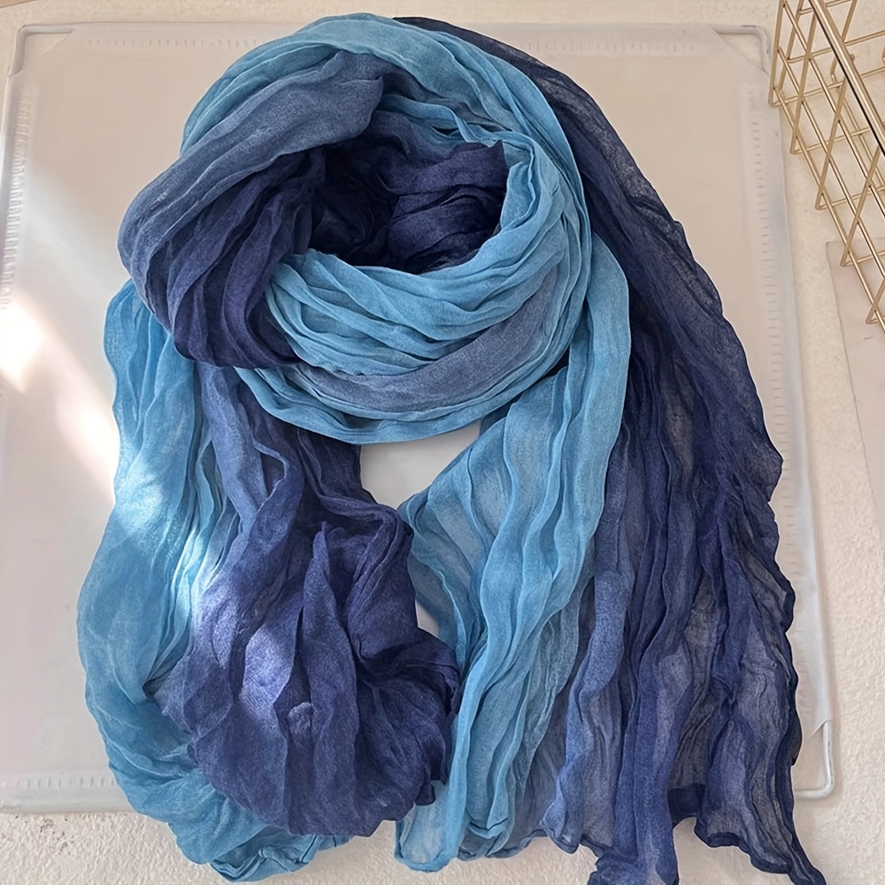 TEMU Women's Gradient Blue Pleated Autumn Winter Scarf, Lightweight Breathable Neck Warmer - Long Gradient Scarf, Retro Ethnic Style Scarf, Artistic