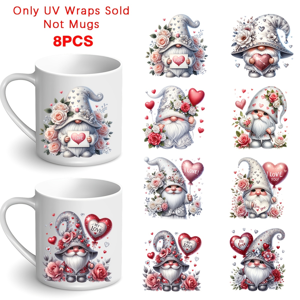 

Valentine's Day Love Heart Diy Decal Kit - 8pcs Uv Dtf Transfer Decals, High- For Mugs & Glasses, Craft Supplies