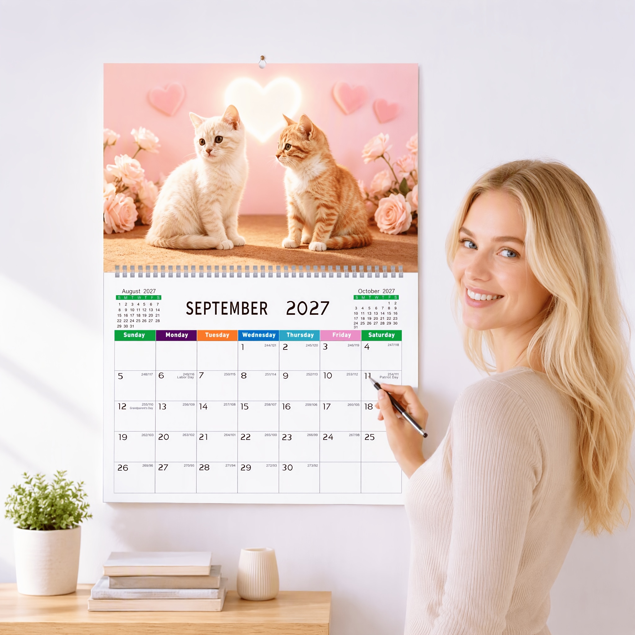 TEMU Calendrier 2027 sur le thème des chats, et riches, calendrier suspendu de 11,3 x 8,3 pouces, planificateur de 12 mois, planning d'étude,