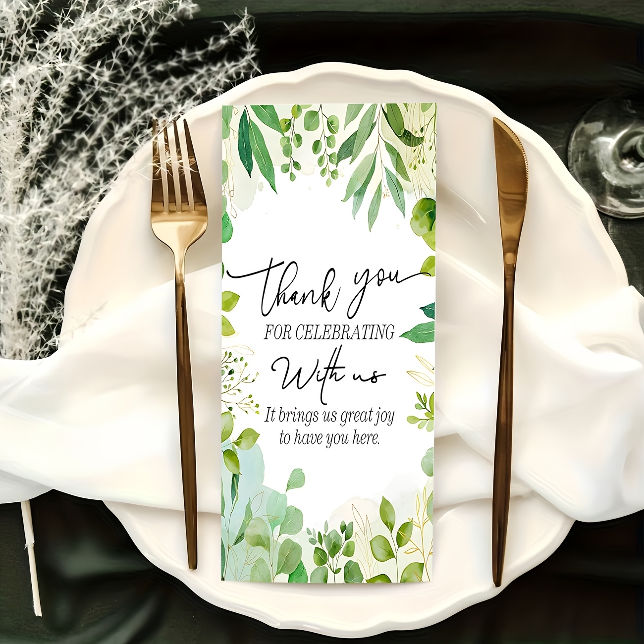 TEMU 50pcs Fresh Watercolor Hand-painted Eucalyptus Leaf Border Design Thank You Card, Table Card, Decoration Card, Style, Suitable For Weddings,