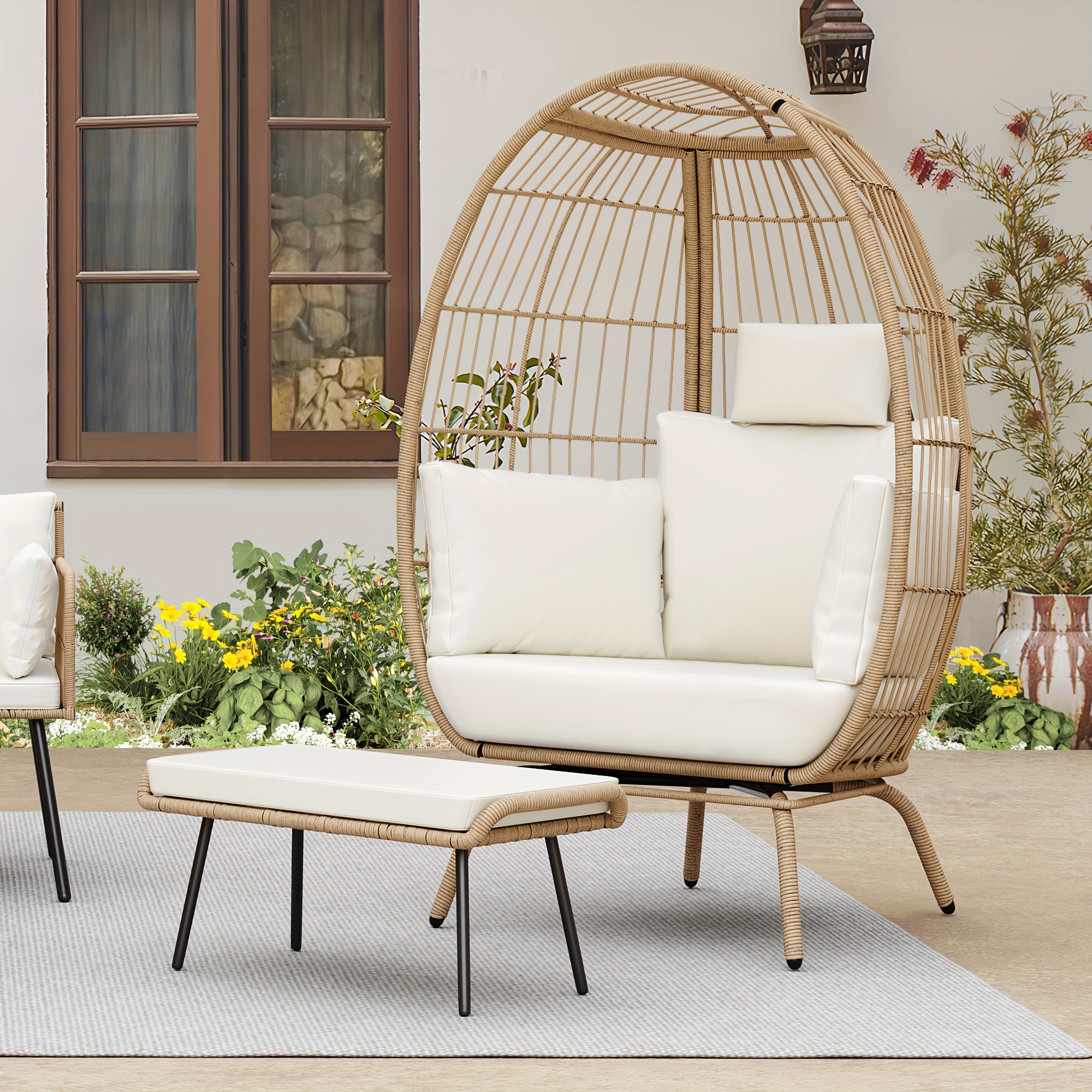 

Wicker Egg Chair Indoor Outdoor With Ottoman Cushion Living Room Patio Backyard