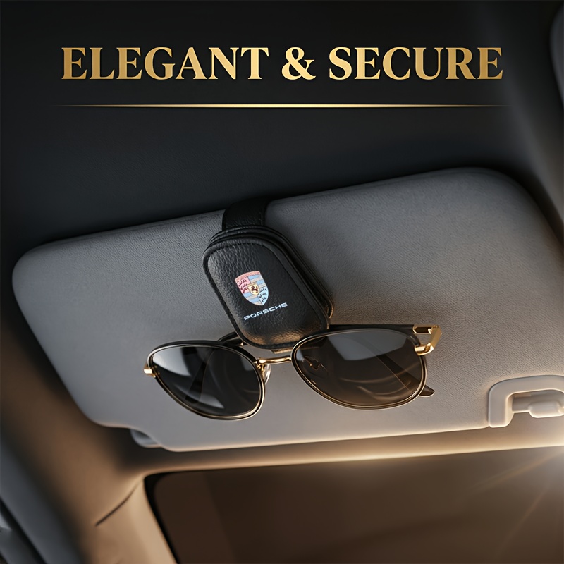 TEMU 1 pz Clip per occhiali da auto con stampa 2D del logo PORSCHE, clip per parasole per occhiali in materiale PU, clip multifunzionale per riporre