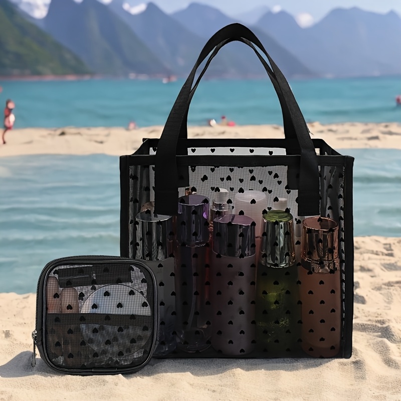 Image of Toiletry Bag 2pcs Set Of Mesh Heart-shaped Transparent Toiletry Bags, Double Handle Portable Travel Beach Toiletry Bag