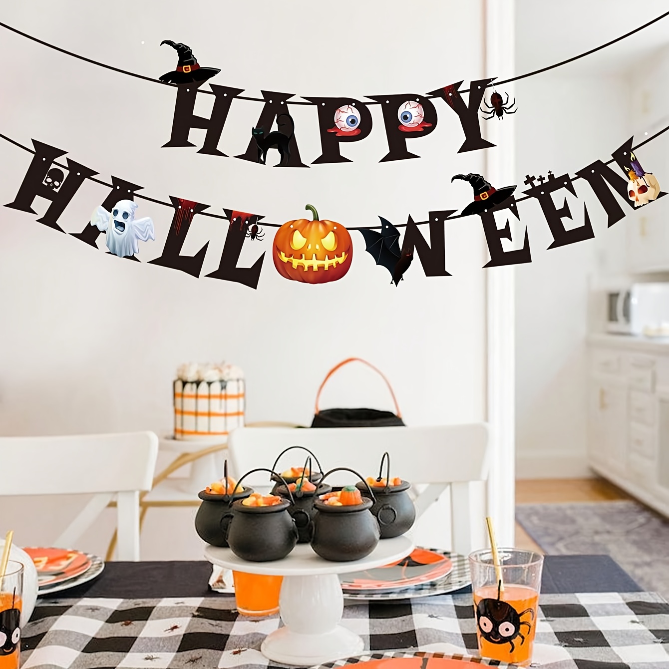 Image of 1pc, Happy Halloween Banner Black Garland Happy Halloween Garland With Pumpkin Halloween Garland For Mantle Happy Halloween Fireplace Banner For Halloween Party Decorations
