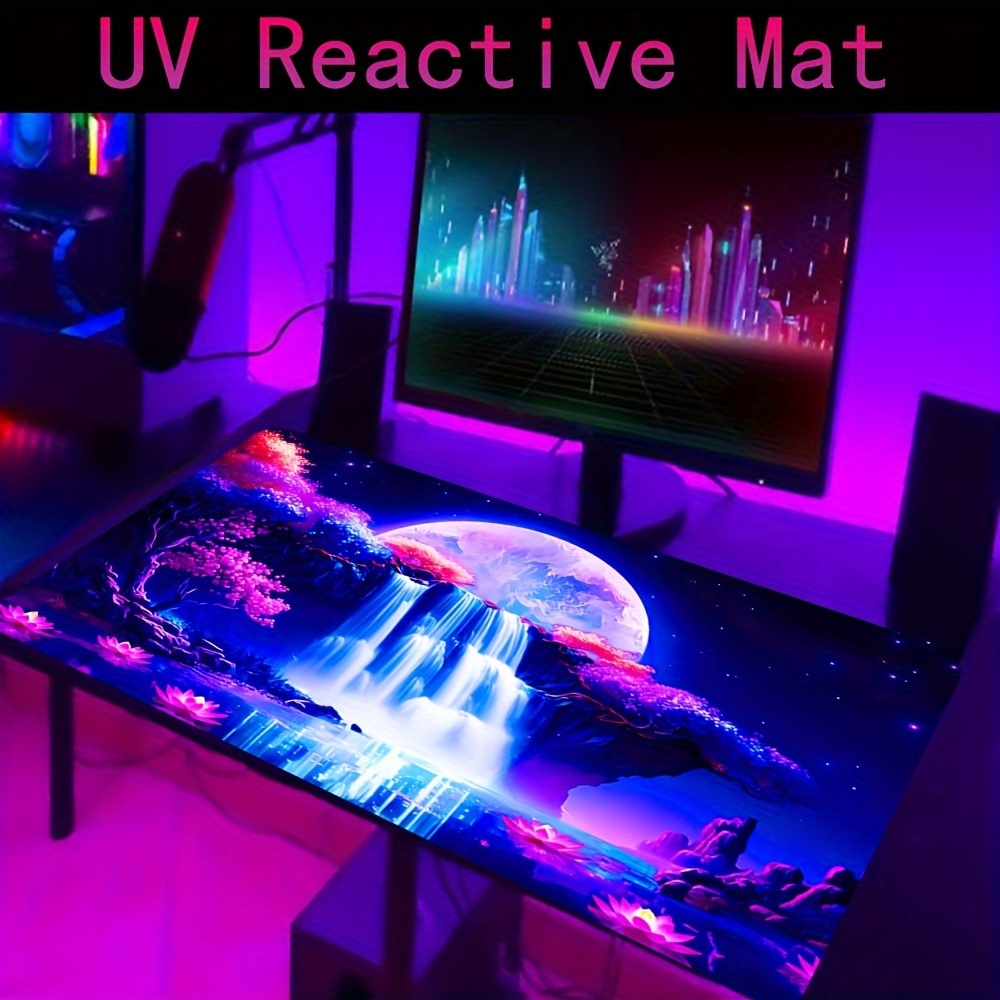 

Fluorescent Gaming Mouse Pad Large - Uv Reactive Glowing Lotus Waterfall Design With Non-slip Rubber Base, Washable Polyester Desk Mat For E-sports & Pc Gaming - Rectangle Shaped