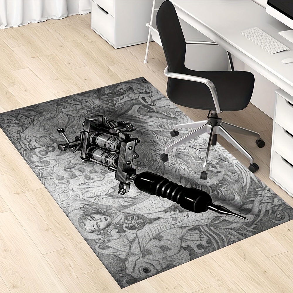 TEMU 1pc Tattoo Non-slip Area Rug â 800g/mÂ² Polyester Carpet With Intricate Black & Gray Tattoo Patterns, Perfect For Living Room, Bedroom, Or Offi