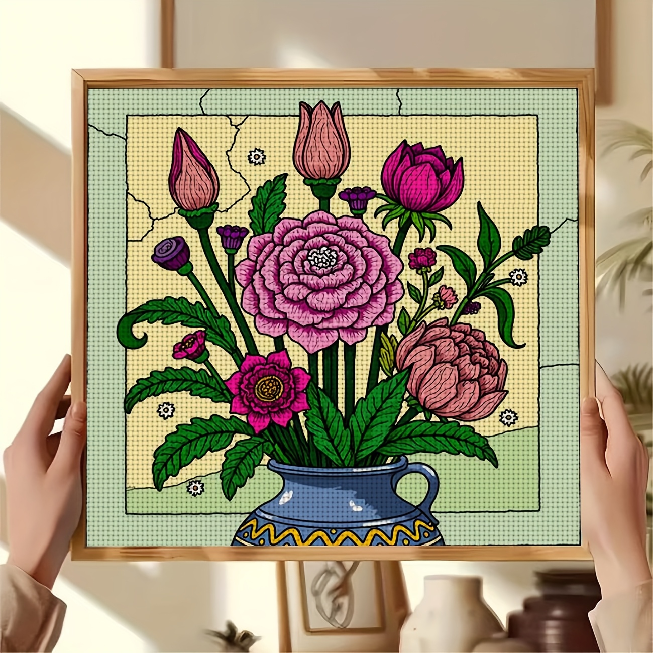 DIY Cross Stitch Print Kit, Frameless, "Blue Vase with Fresh Flowers" Pattern