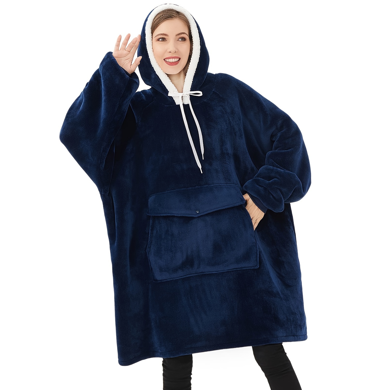 

Qeils Wearable Blanket Hoodie, Oversized Comfy Sherpa Sweatshirt Pullover Jacket (large Pocket, Navy, Adult)