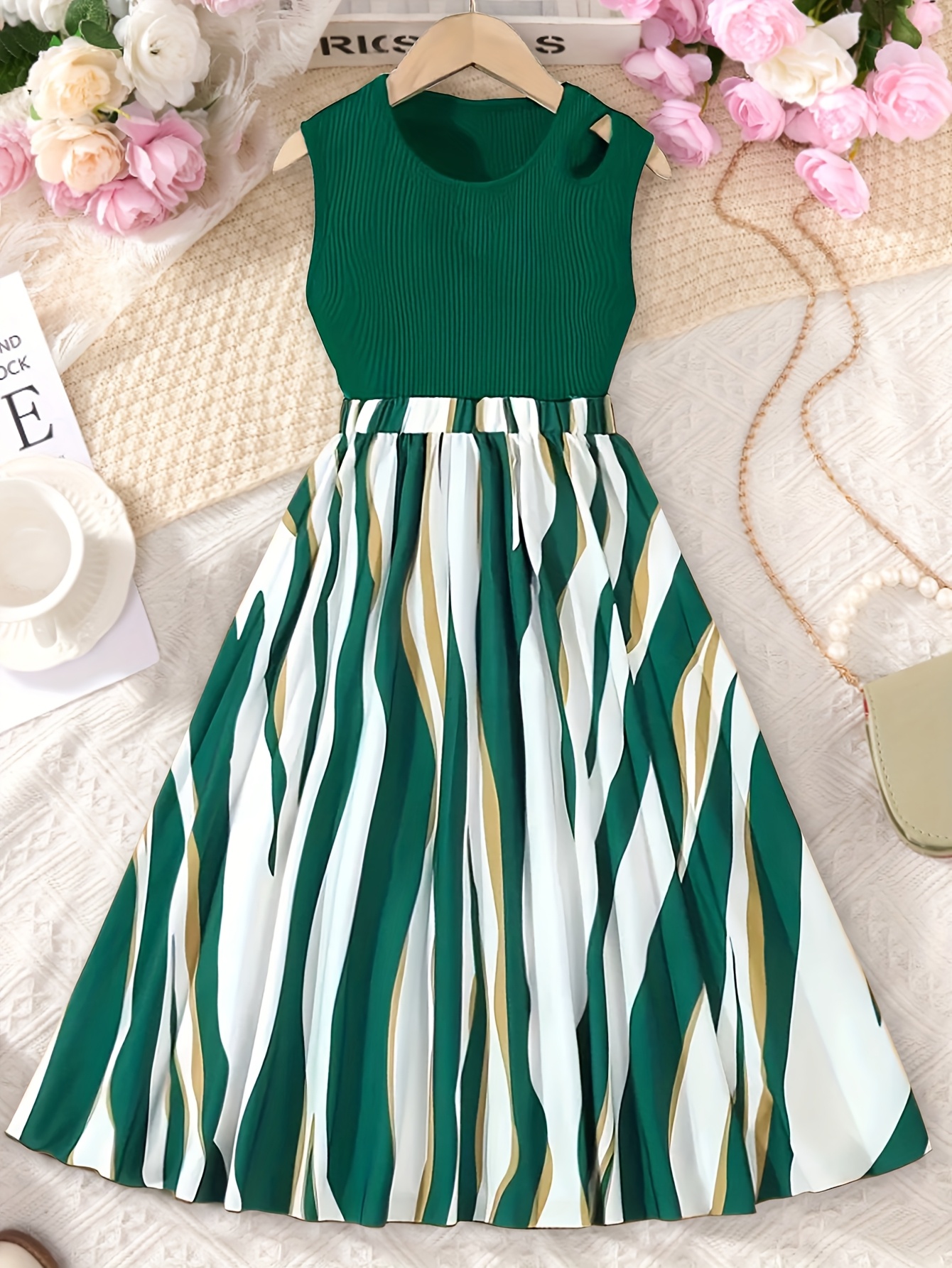High-Rated Girls' Elegant Casual Dress Set: Round Neck Vest * + Green  Striped Skirt - Beautiful, Romantic * Parties and Outdoor Activities,  Essential for Spring/Summer