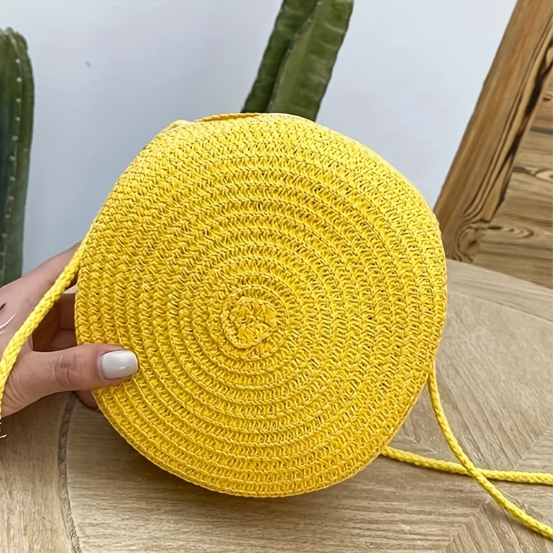 Image of Women Woven Beach Round Straw Crossbody Bag Cute Rattan Handmade Knitted Candy Color Shoulder Bag