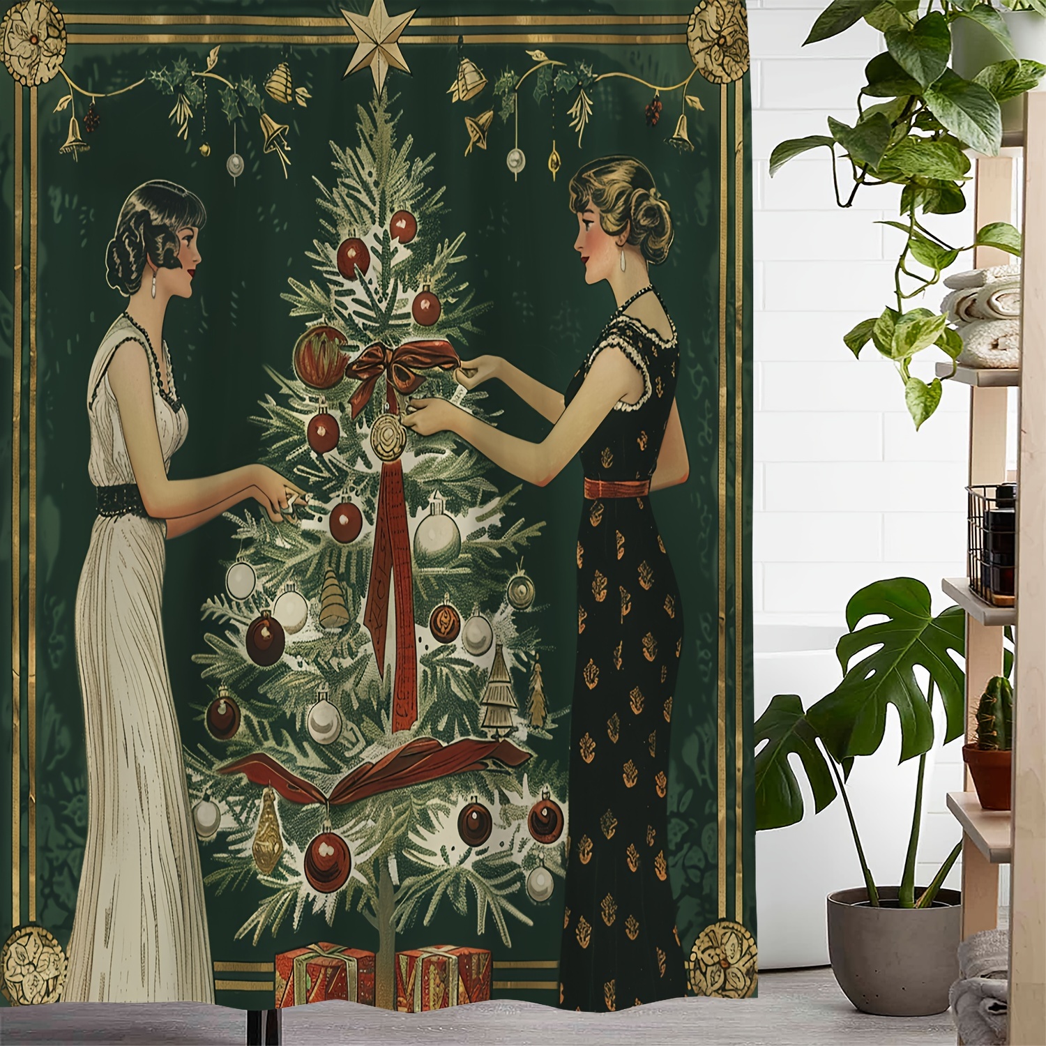 

A Waterproof Shower Curtain With A Retro Christmas Tree, Colorful Balls, And Beauty Print, Including 12 Hooks, Curtain For Windows