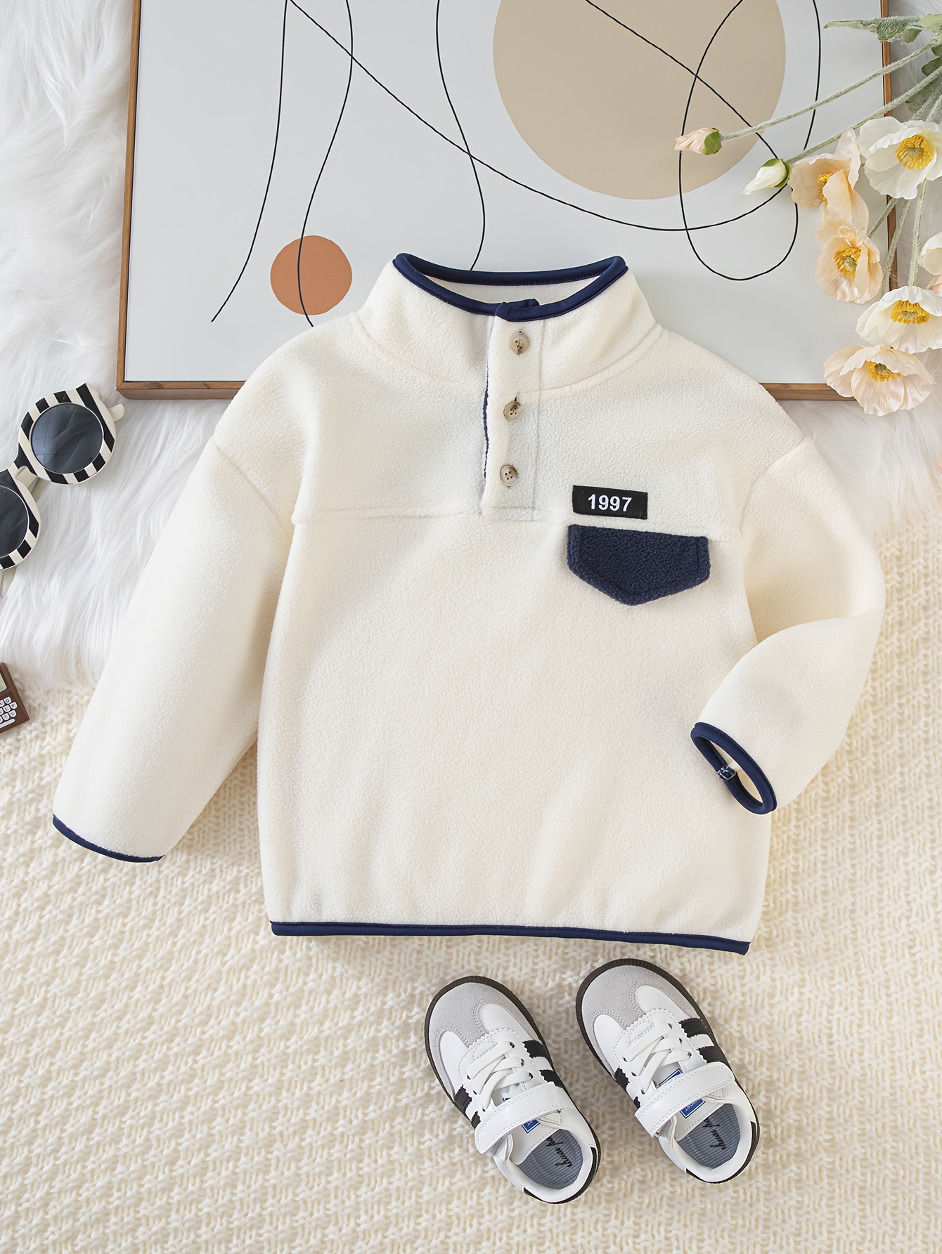 Camisola casual de fleece para  es com     e   de botão -     e  , bolsos falsos, pulôver de   comprida para outono/inverno,   regular, camisola para  , roupa de inverno, decote    ,    