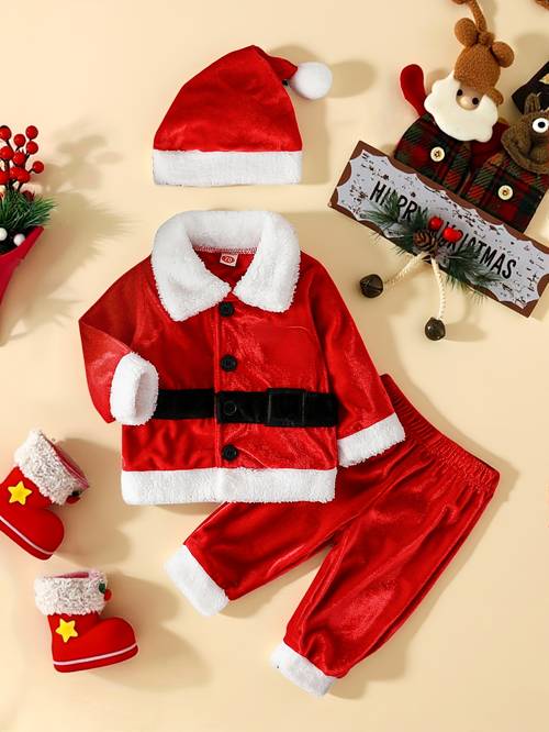 winter kerst 3-delige santa claus jongensoutfit set lange broek + jas + meerdelig voor 0 - 12 maanden, perfect voor buiten