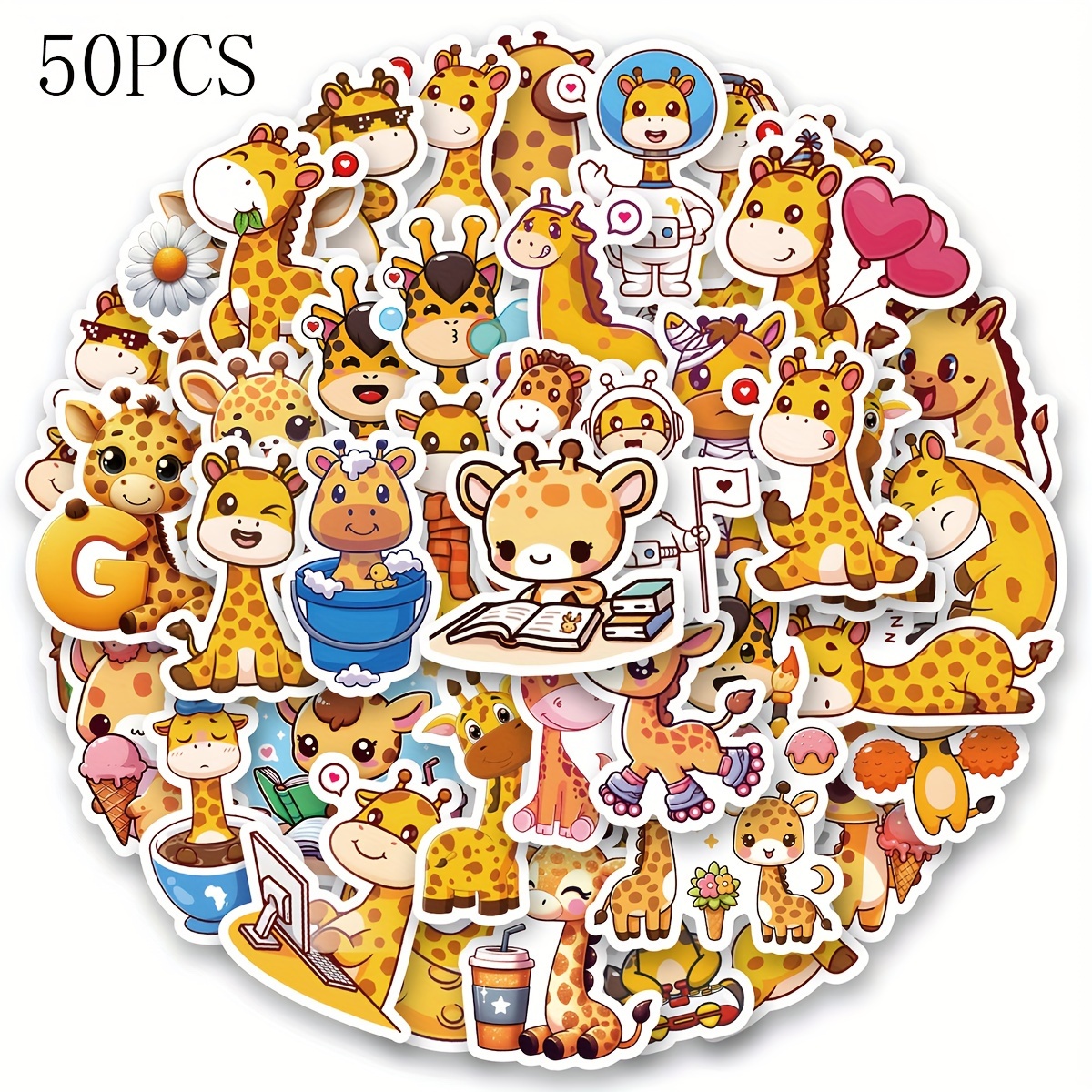 Image of Zxirna 50pcs Giraffe Vinyl Stickers - Waterproof Animal Patterned Decals For Scrapbooking, Journaling, Laptops, Bumpers, Skateboards, Water Bottles, Phones, Cartoon Themed Car Stickers In English