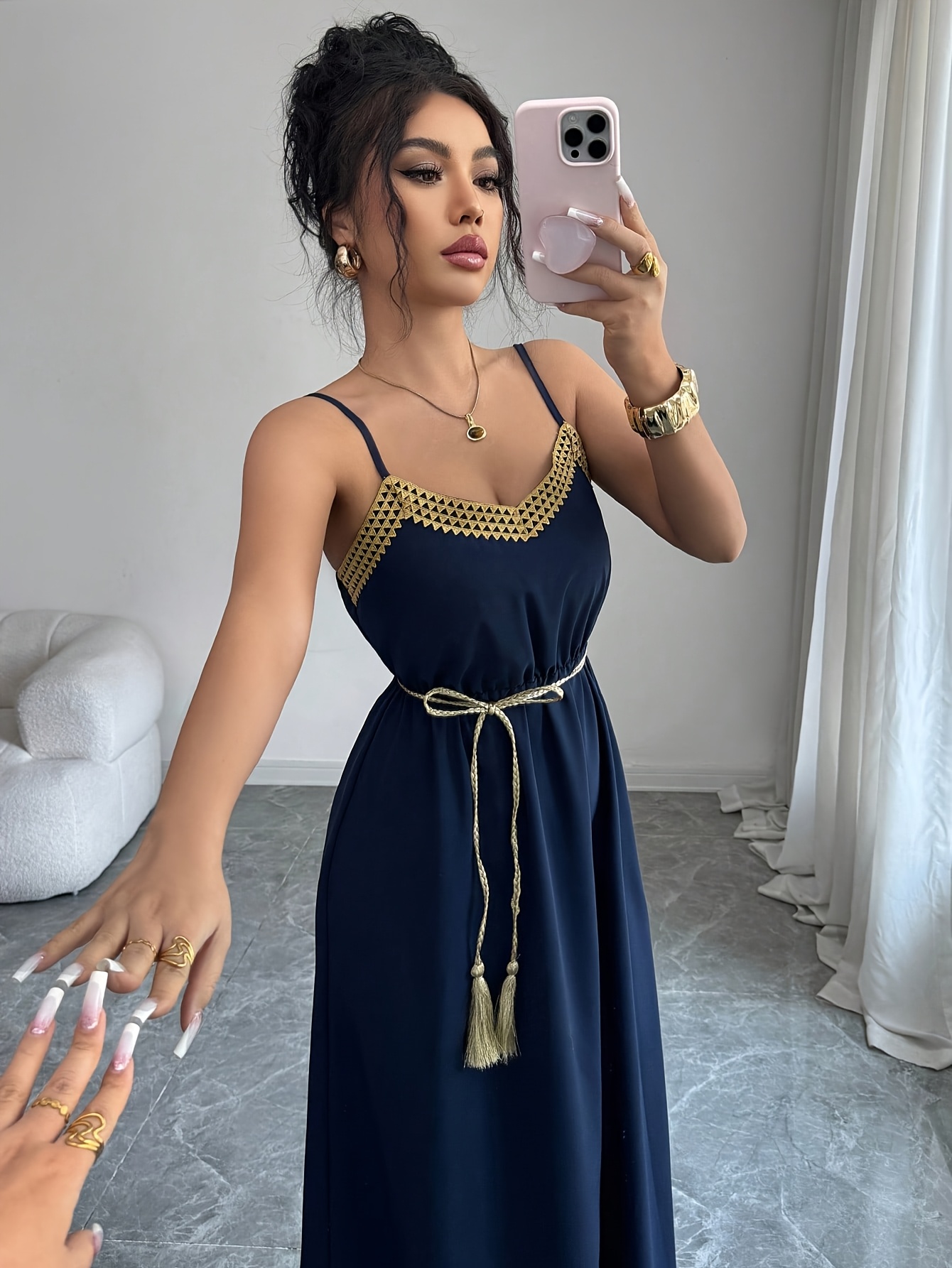 navy dress with gold belt elegant blue womens slip trim golden Tendance