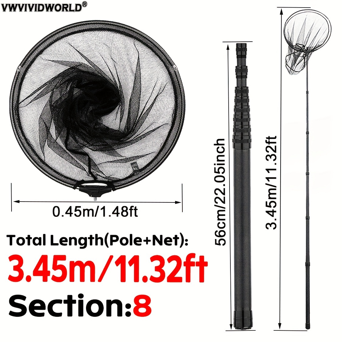 Carbon , 1.8-3.45m Portable Landing Net With Telescopic Pole, Outdoor Fishing Tackle