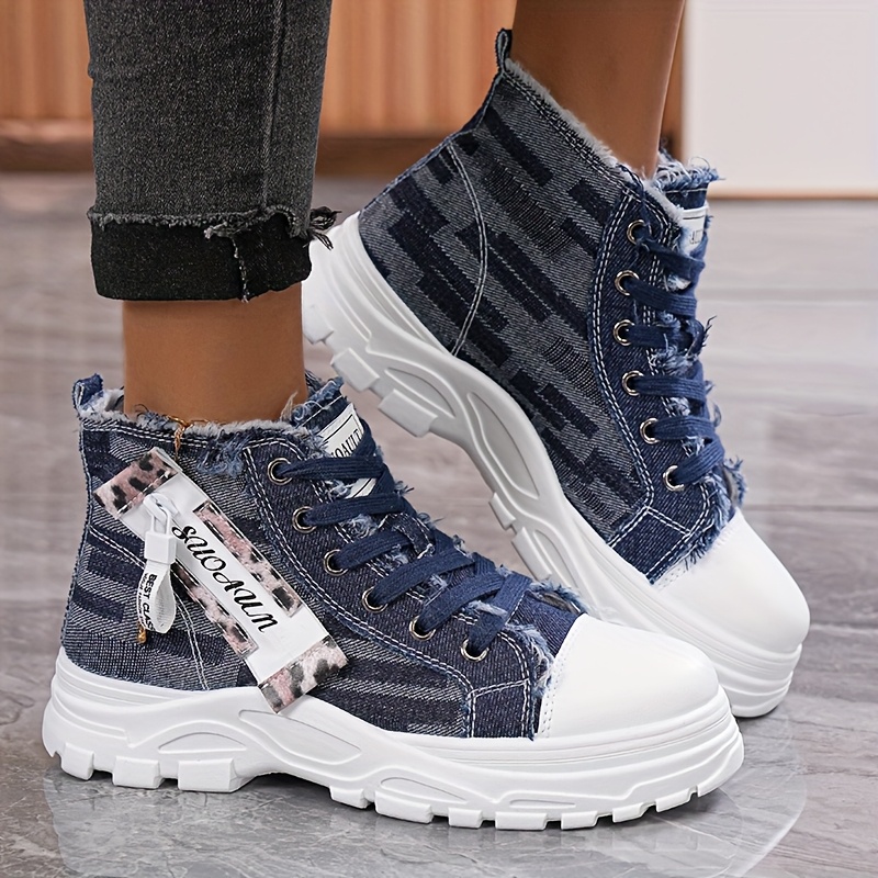 Women'S High-* Sneakers Versatile Casual Black Denim with White  Rubber Sole, Lace-Up, Round Toe, Comfortable Fabric Upper Casual Attire, 