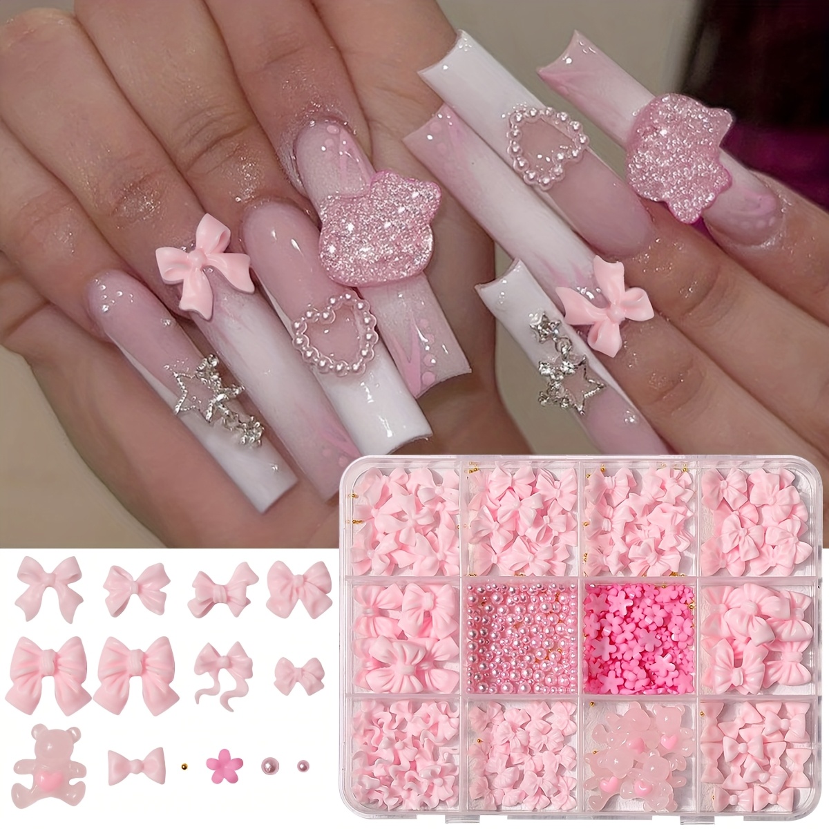 

3d Pink Bow Nail Charms With Heart, Bear, Flower, And - Cute Cartoon Nail Art Accessories For Diy Nail Decoration And Y2k Nail Supplies