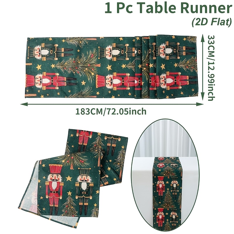 TEMU 2d Flat, 1pc, Green Christmas Tablecloth, Nutcracker And Christmas Tree Patterns Table Runner, 100% Polyester, Linen Texture, Table Decor For