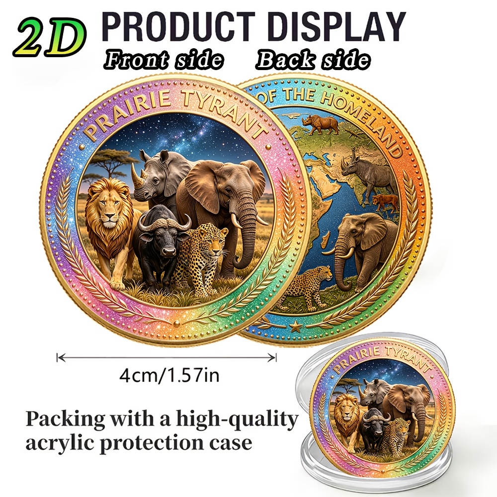 TEMU Replica Coin 1pc, 2d, African Big 5 Themed Commemorative Coin. The "african Big Five" Represent Africa's Wildlife, With A Composition That