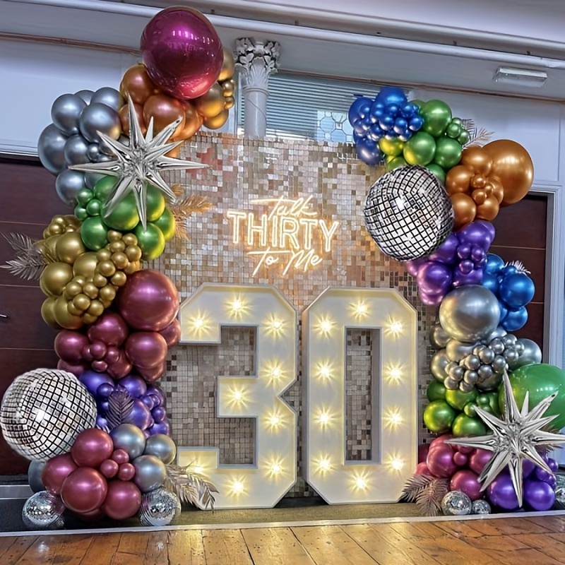 

130pcs Plated Metal Balloon Wreath Set - Balloons For 80s & 90s Themed Parties, Birthdays, Graduations, Weddings, Engagements, New Year's Eve - Disco Ball Decorations