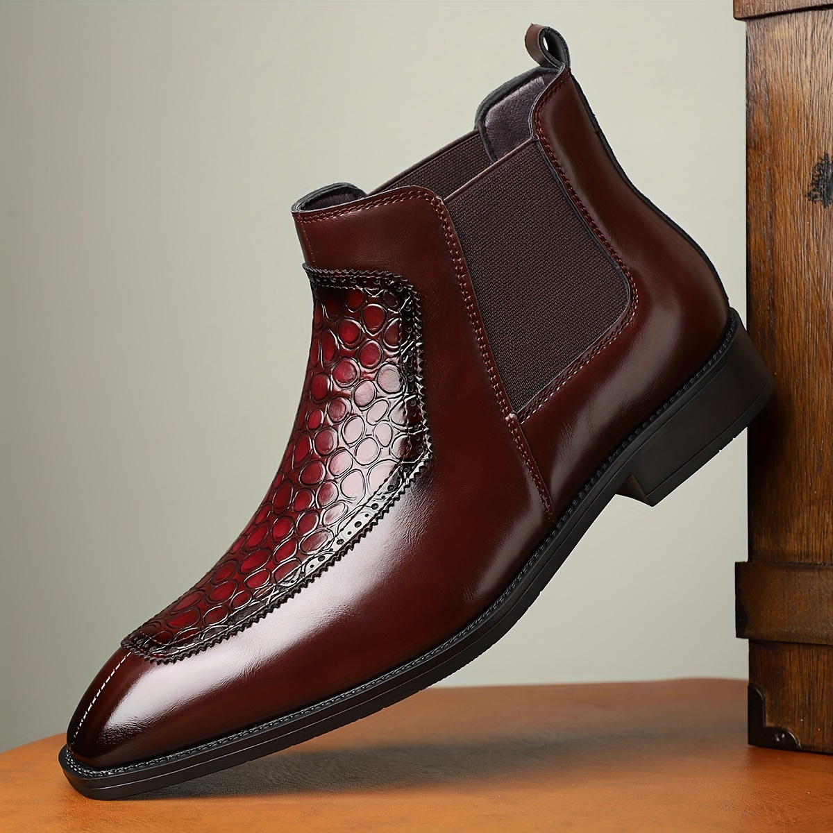 Men's Black Boots with Crocodile Pattern - Slip-On Ankle Boots for Everyday Casual Wear, Rubber Sole, Stylish & Versatile Design