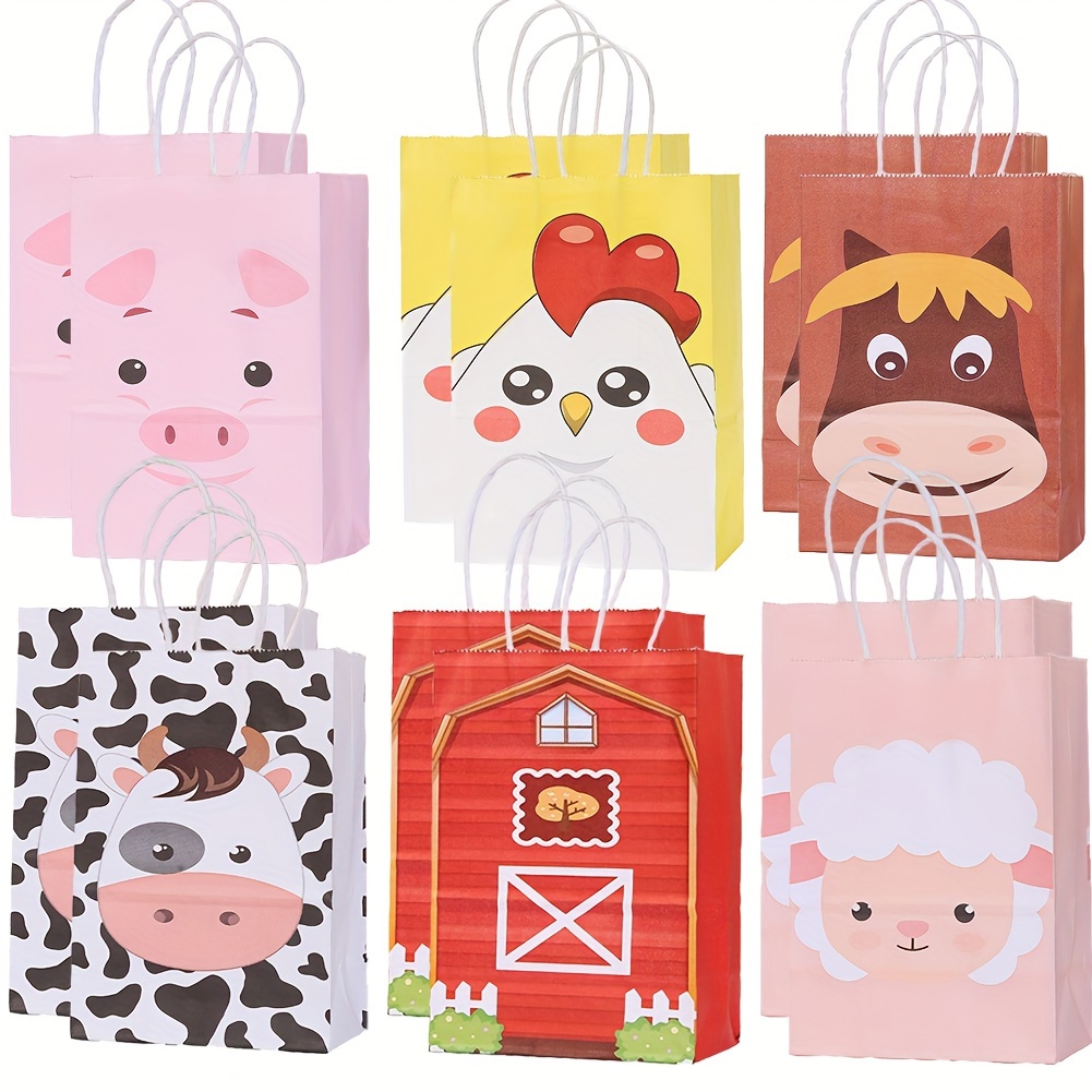 

12pcs Farm Animal Party Favor Bags With Handles, Barnyard Birthday Party Gift Treat Goody Bags Kraft Paper Candy Gift Bag Small Business Supplies