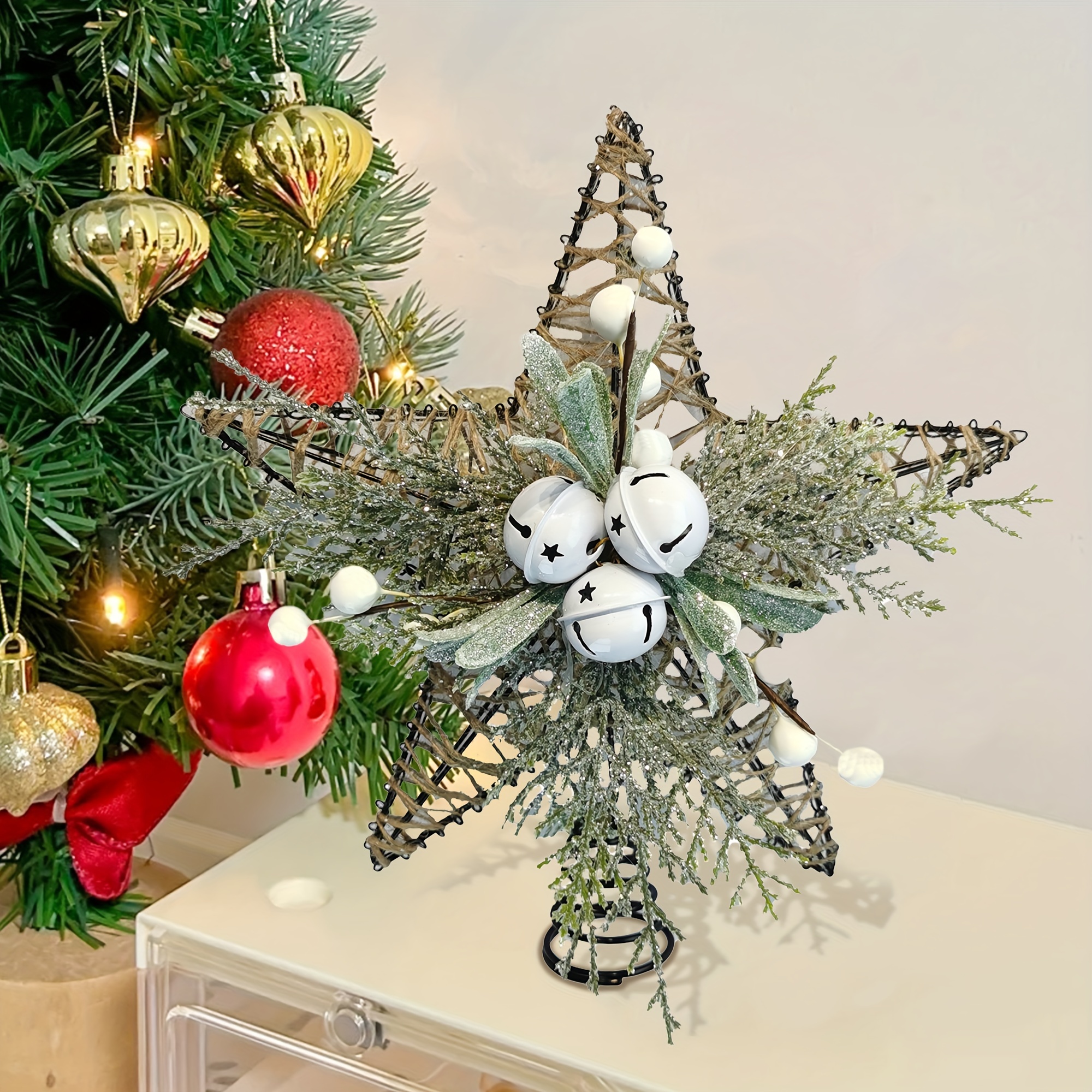 

1pc, 11.8inch Hollow Iron Christmas Tree Topper, Metal & Plastic Holiday Decor, No Feather, For Home & Kitchen, Suitable For Christmas, New Year, Thanksgiving, Valentine's Day, Hanging Decor