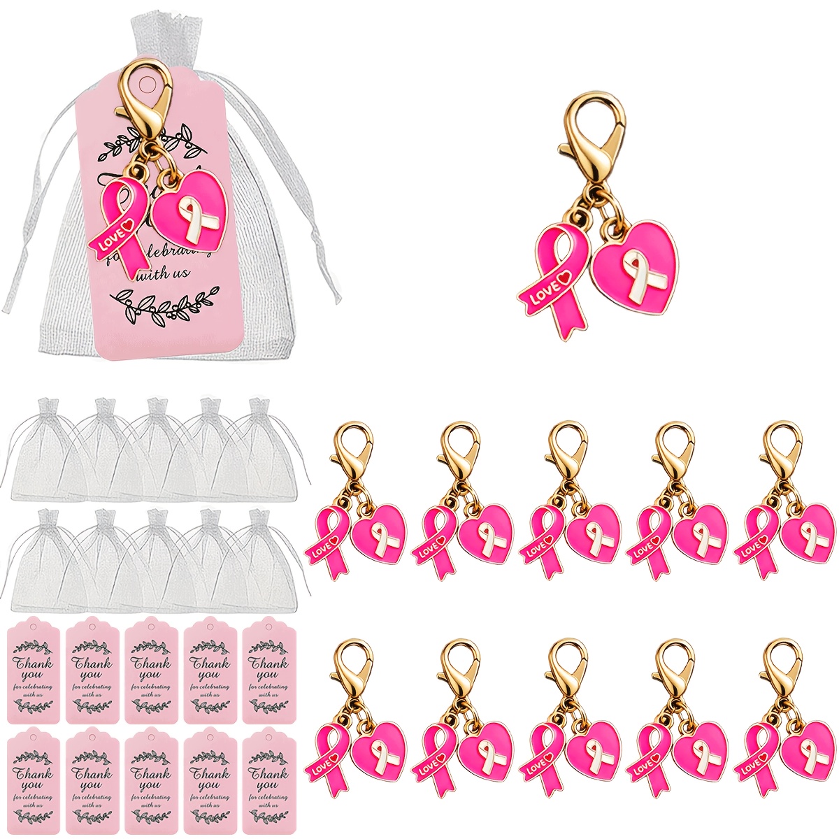 TEMU 30pcs Love Breast Love Keychains With Pink Thank You Card And Peace Symbol Bag Charms, Suitable For Women's Bag Additions, Singles Party,