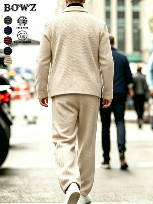 mens autumn winter sporty casual suit set new style with twill textured fabric with notched lapel single breasted double pockets business casual versatile long sleeve outerwear twill textured straight leg trousers knitted solid color