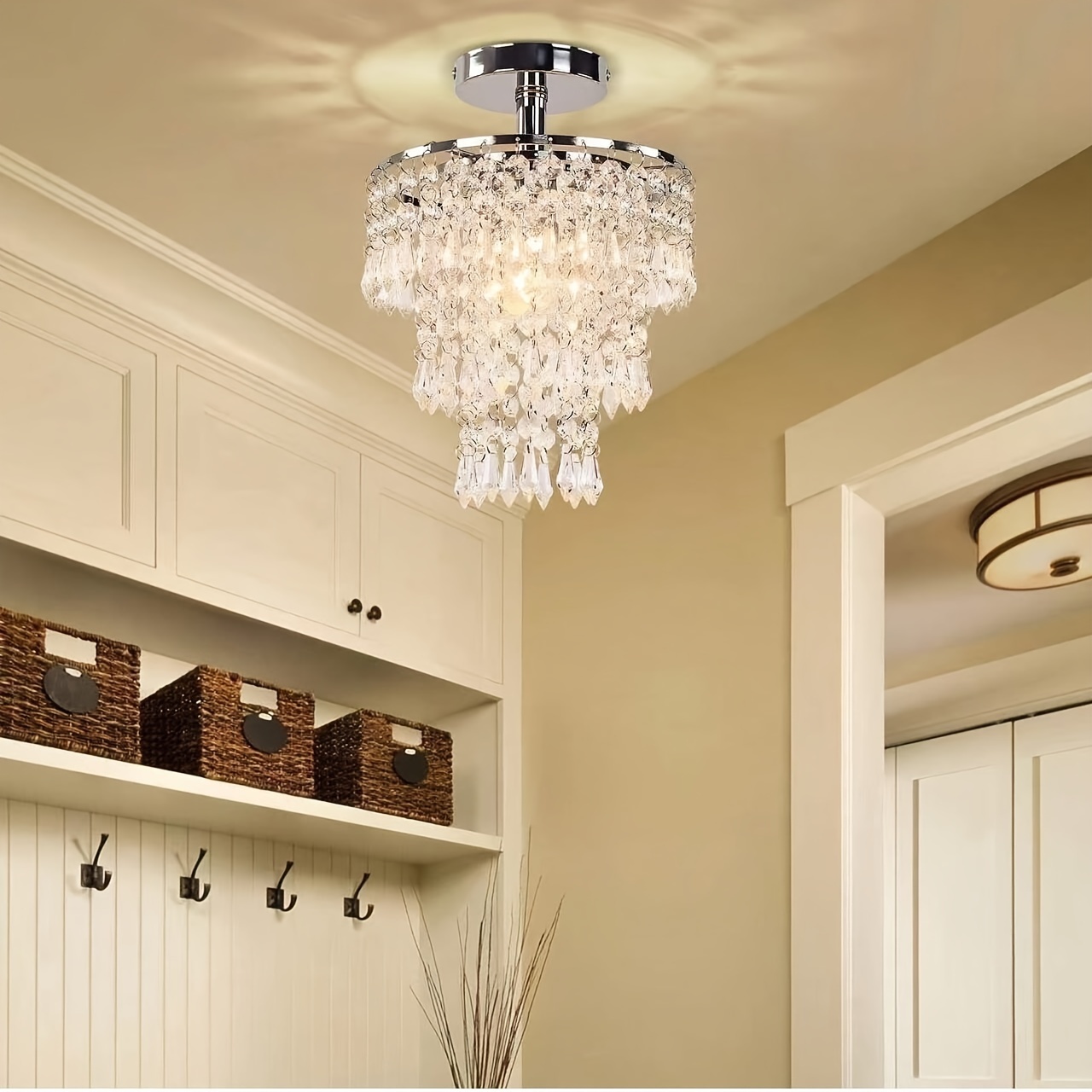 Elegant 1pc Modern Mini Crystal Chandelier - 3-Tier Raindrop Design, Adjustable Metal Ceiling Light for Bedroom, Living Room, Hallway - Semi-Flush Mount, for Switch Control, Crystal Embellished (Light Source Not Included), Ceiling Light for Living Room
