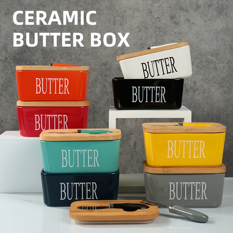 

Ceramic Sealed Butter Dish With Bamboo Lid And Spatula - Multicolor Options For Countertop Or Refrigerator Storage, Food Serving Equipment & Supplies