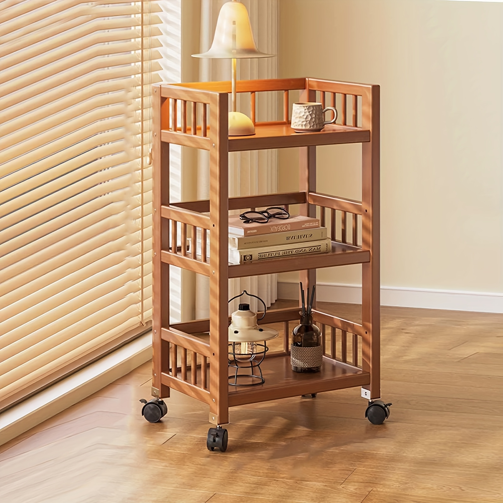 Image of Three-tier Wooden Trolley, Storage Rack, Omnidirectional Caster Mobile Kitchen Trolley, Easy To Clean, Suitable For Bathroom, Bedroom, And Living Room Shelves, Standing Shelf