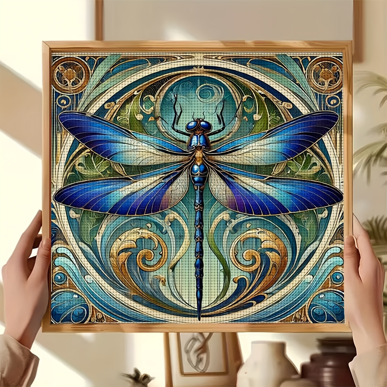 TEMU 1pc Printed Cross Stitch Kit, Frameless, "dragonfly In Carved Frame" Pattern, Very Suitable For Beginners To Relax And , Allowing You To