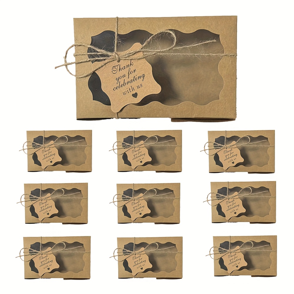 E-shop 30 Stück (10 Schachteln + 10 Juteschnüre + 10 Grußkarten) Elegantes Geschenkbox-Set, Rosa, Weiße Papierschachteln mit Transparentem Fenster –
